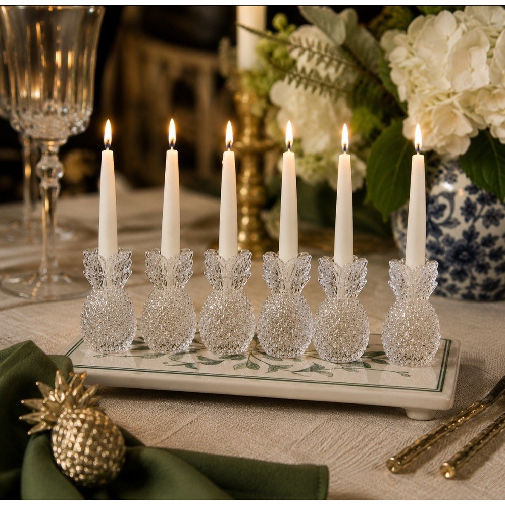 Williams Sonoma Pineapple 6 Small Crystal Taper Candle Holders, Candlesticks